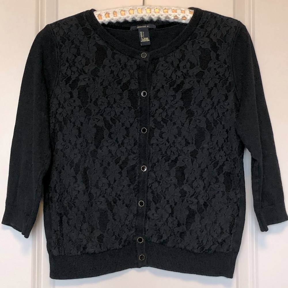 FOREVER 21 -LG- Super Cute Black Laced Overlay Lightweight Sweater